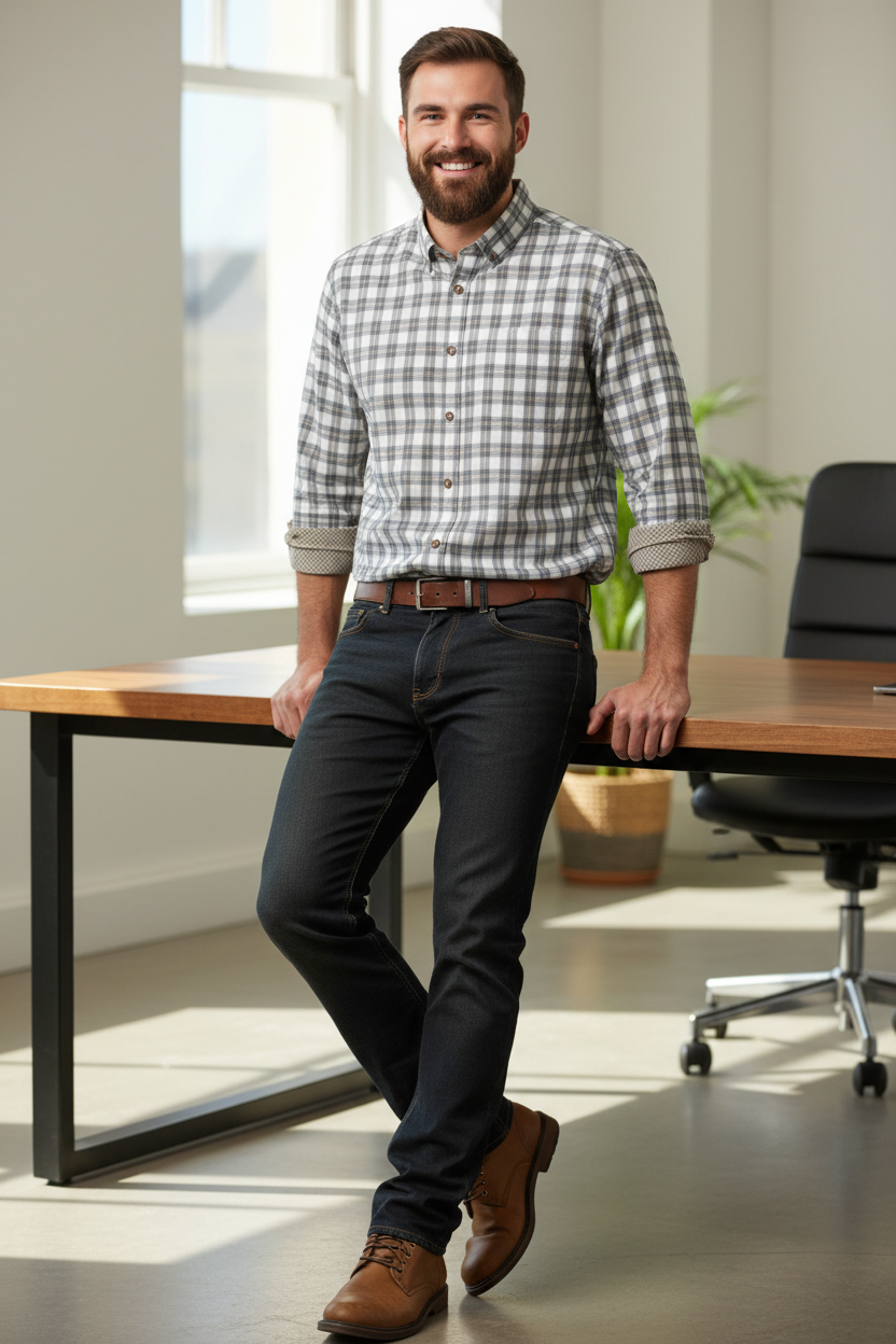 Johnston & Murphy Heathered Woven Shirt in navy/tan shadow grid, a soft button-down that works for the office, client lunches and business-casual Fridays, easy to dress up with a blazer.