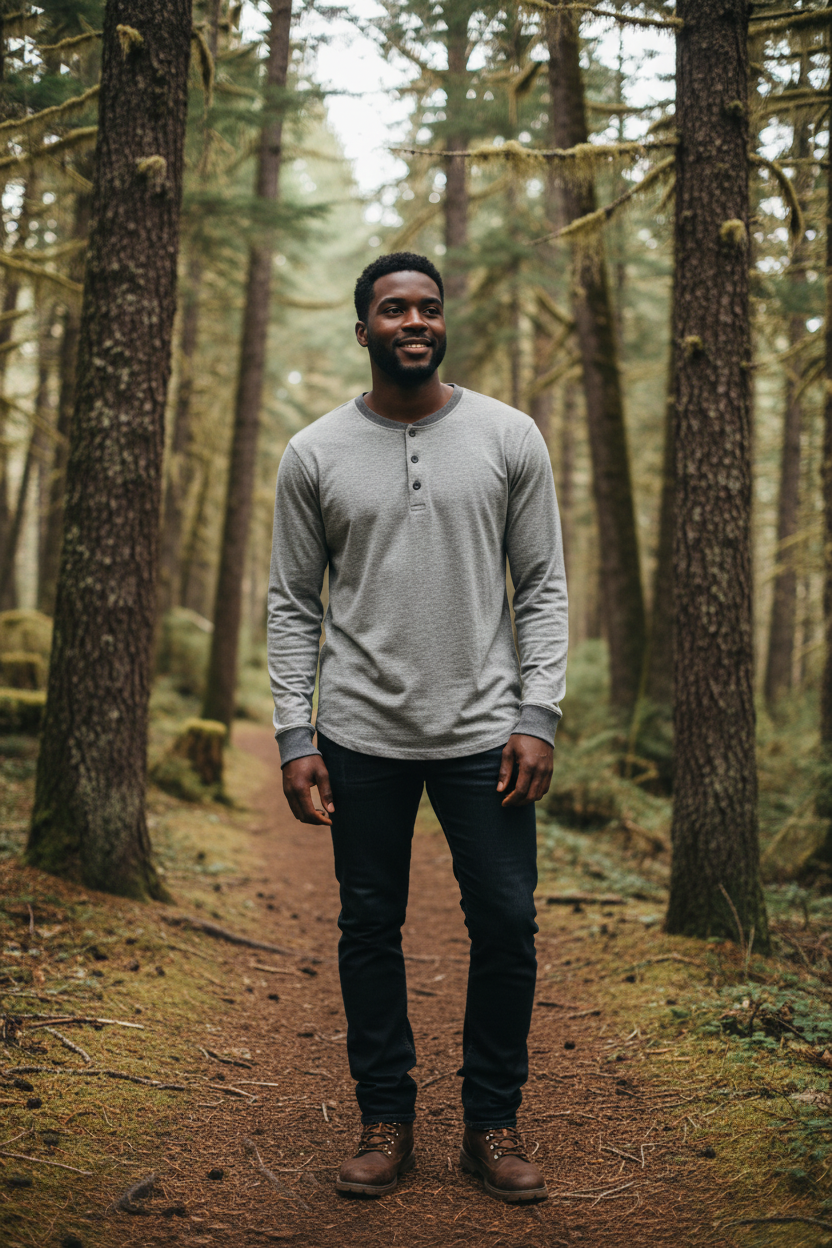 True Grit heather grey henley, an easy long sleeve for forest walks, camping trips and cool PNW mornings, great with jeans and boots.
