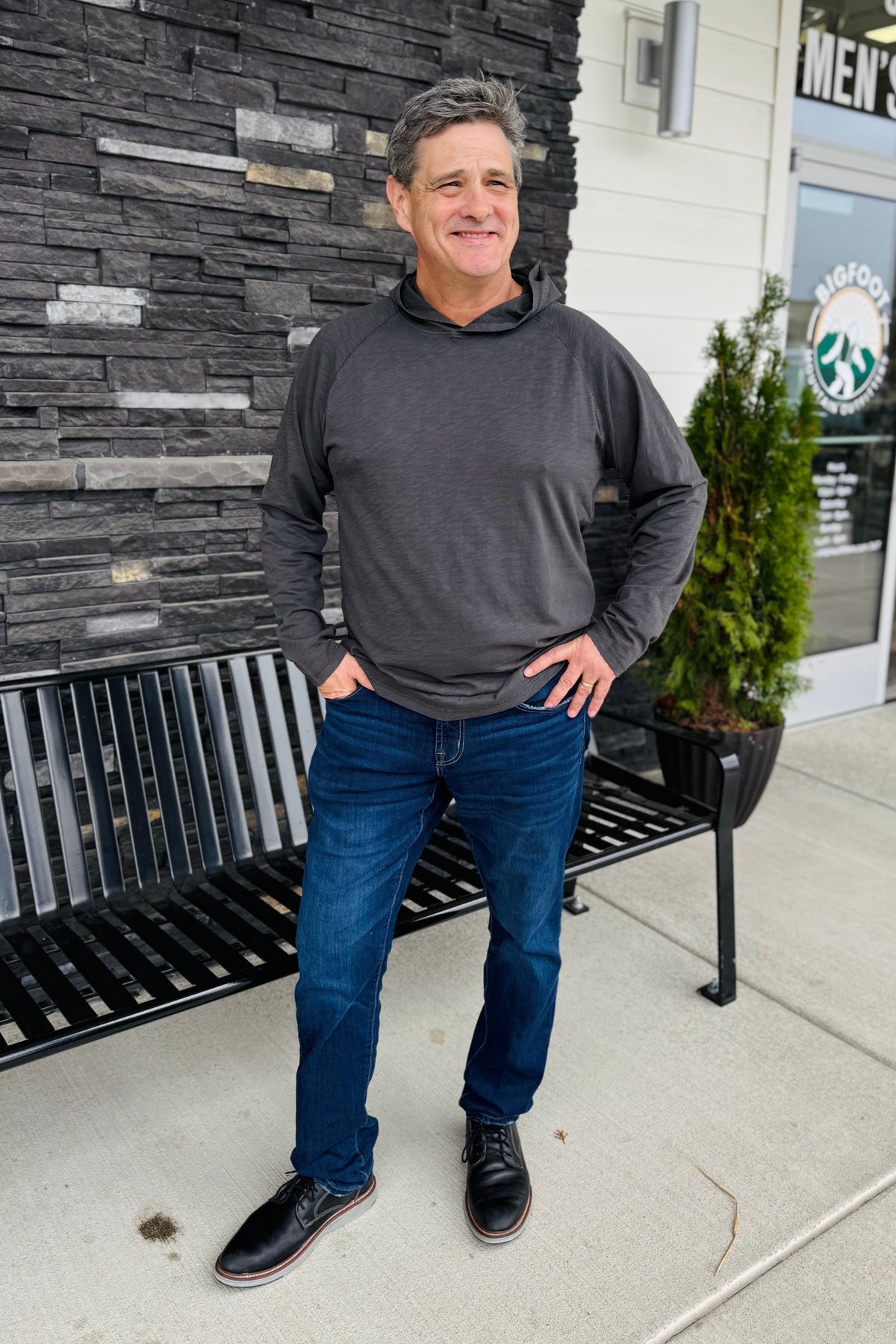 True Grit Heritage slub raglan hoodie in Carbon, a soft, lived-in hoodie for cool mornings, road trips, lounging and weekend errands