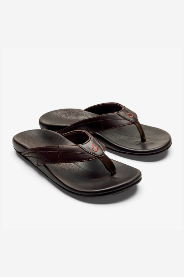 OluKai Hokulea Kia in Dark Brown, a comfortable leather slip-on for beach towns, summer errands, travel and relaxed weekends