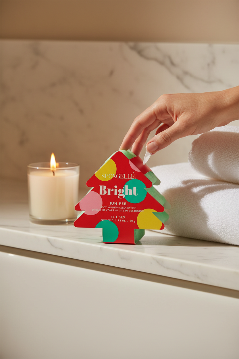 Spongellé Holiday Tree Body Wash & Buffer in Bright by a bathtub with candles and towels, perfect for relaxing bath time, self-care and stocking stuffers