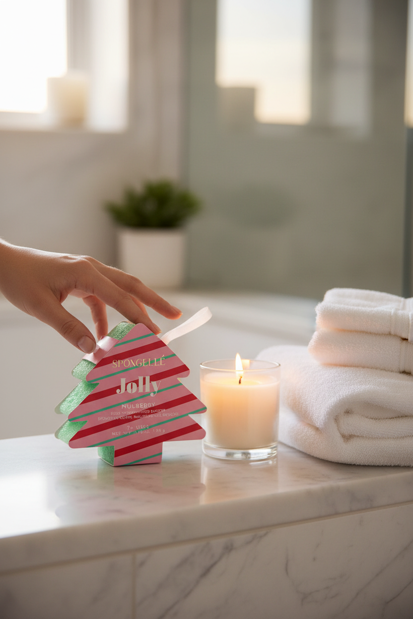 Spongellé Holiday Tree Body Wash & Buffer in Jolly by a bathtub with candles and towels, perfect for relaxing bath time, self-care and stocking stuffers