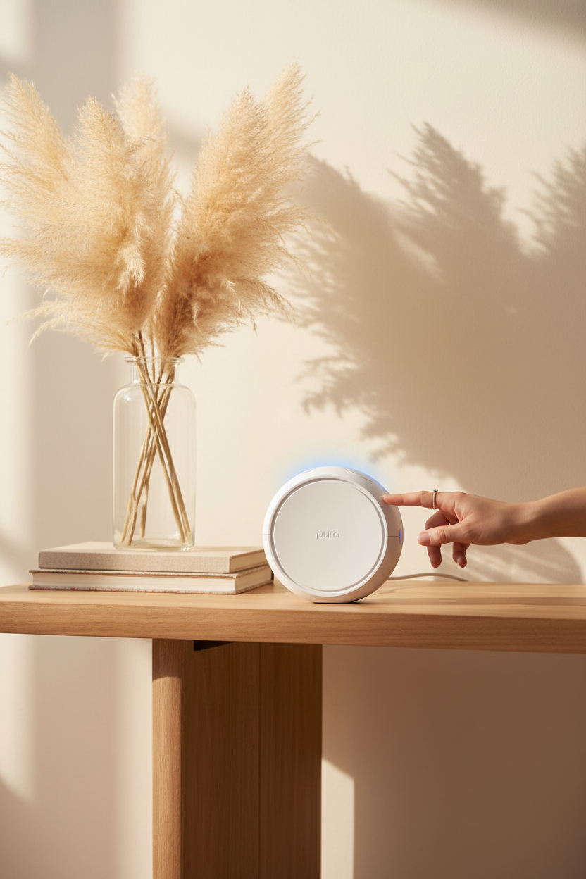Pura Home Diffuser (V5) on a styled console table in a warm living room, a smart diffuser for filling your home with fragrance and easy gifting