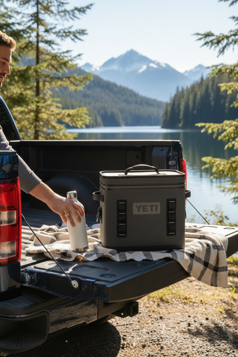 YETI Hopper Flip 12 Soft Cooler in Charcoal on a truck tailgate at a mountain lake, perfect for picnics, beach days, camping and road trips