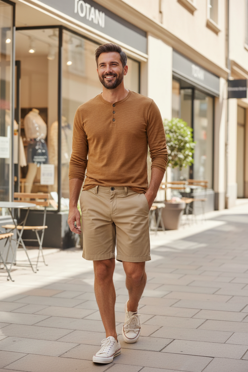 Man wearing the True Grit Hybrid Dock Short in Khaki with the DUER Slub Jersey Henley in Caramel on a sunny shopping street, an easy warm-weather outfit for errands, patios and weekend strolls