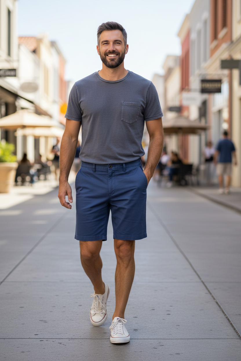 Man wearing the True Grit Hybrid Dock Short in Ocean with the DUER PurePima Cotton Tee in Washed Grey on a sunny shopping street, an easy warm-weather outfit for errands, patios and weekend strolls