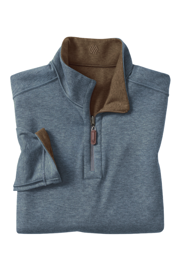 Johnston & Murphy Icon reversible quarter zip in Brown/Blue, a two-in-one pullover you can flip for a new look at the office, on the golf course or while traveling