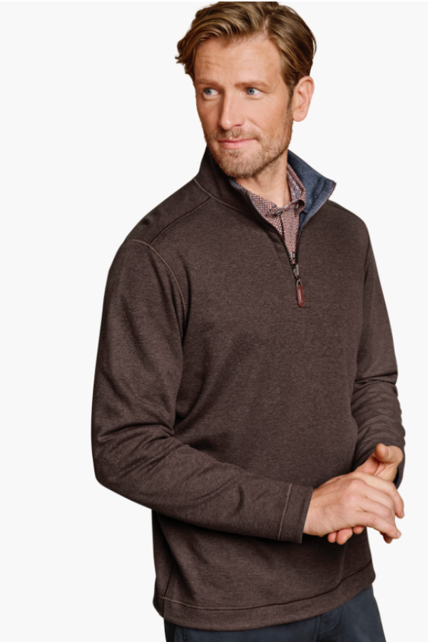 Johnston & Murphy Icon reversible quarter zip in Brown/Blue, a two-in-one pullover you can flip for a new look at the office, on the golf course or while traveling