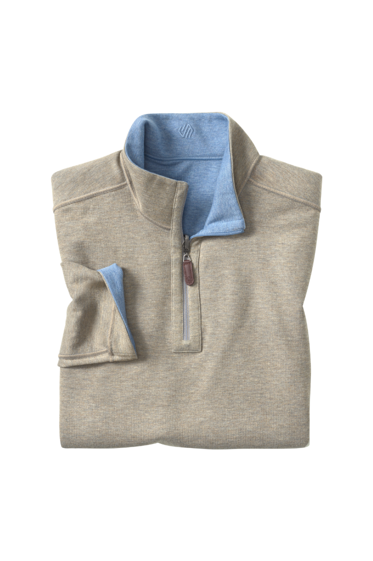Johnston & Murphy Icon reversible quarter zip in Light Blue/Taupe, a two-in-one pullover you can flip for a new look at the office, on the golf course or while traveling