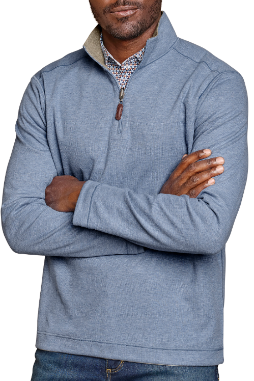 Johnston & Murphy Icon reversible quarter zip in Light Blue/Taupe, a two-in-one pullover you can flip for a new look at the office, on the golf course or while traveling