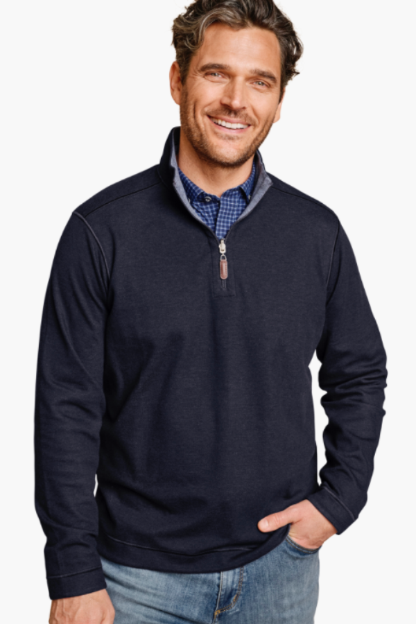 Johnston & Murphy Icon reversible quarter zip in Navy/Storm, a two-in-one pullover you can flip for a new look at the office, on the golf course or while traveling