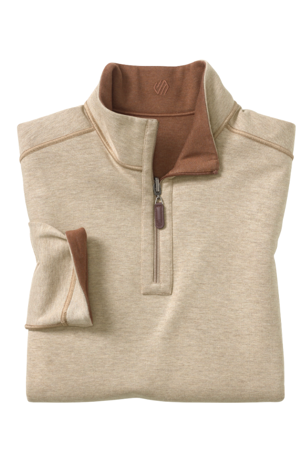 Johnston & Murphy Icon reversible quarter zip in Rust/Oatmeal, a two-in-one pullover you can flip for a new look at the office, on the golf course or while traveling