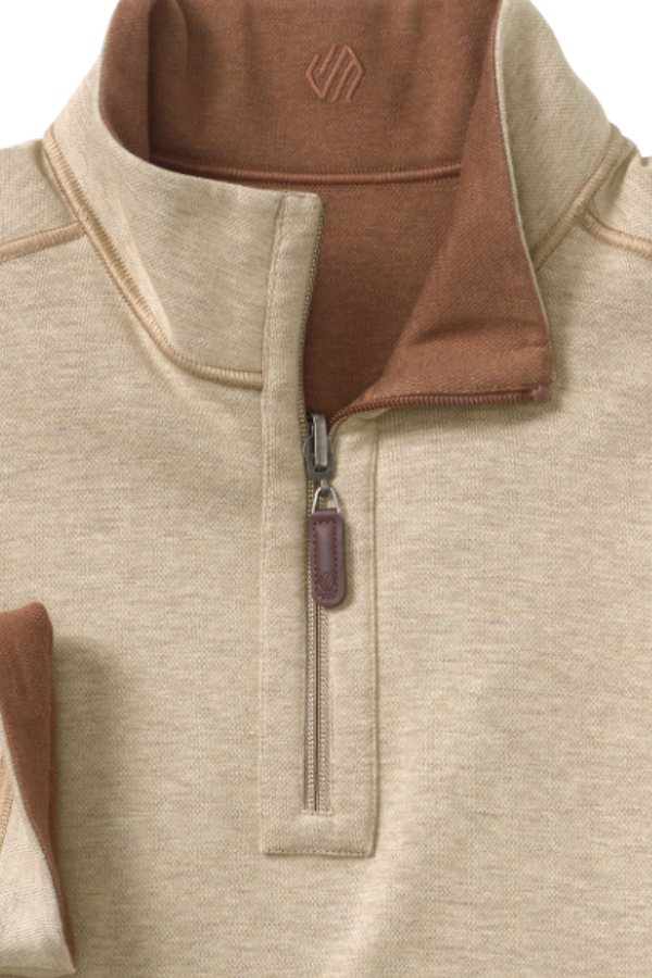 Johnston & Murphy Icon reversible quarter zip in Rust/Oatmeal, a two-in-one pullover you can flip for a new look at the office, on the golf course or while traveling