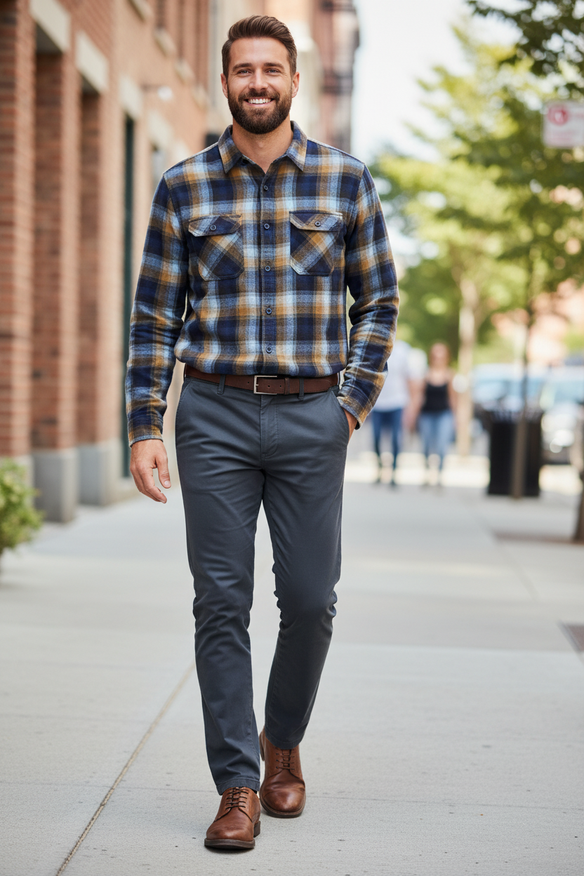 Man wearing the 7 Diamonds Infinity Chino Pant in Charcoal with the True Grit Cabin L/S 2-Pocket Shirt in Blue on a city street, an easy outfit for city strolls, shopping and weekend errands