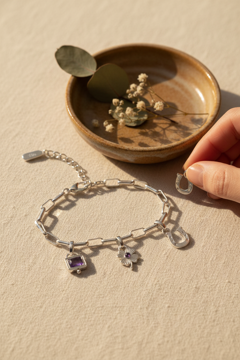 Scout Interchangeable Charm Bracelet styled on cream linen with dried florals, perfect for stacking, everyday wear and gifting