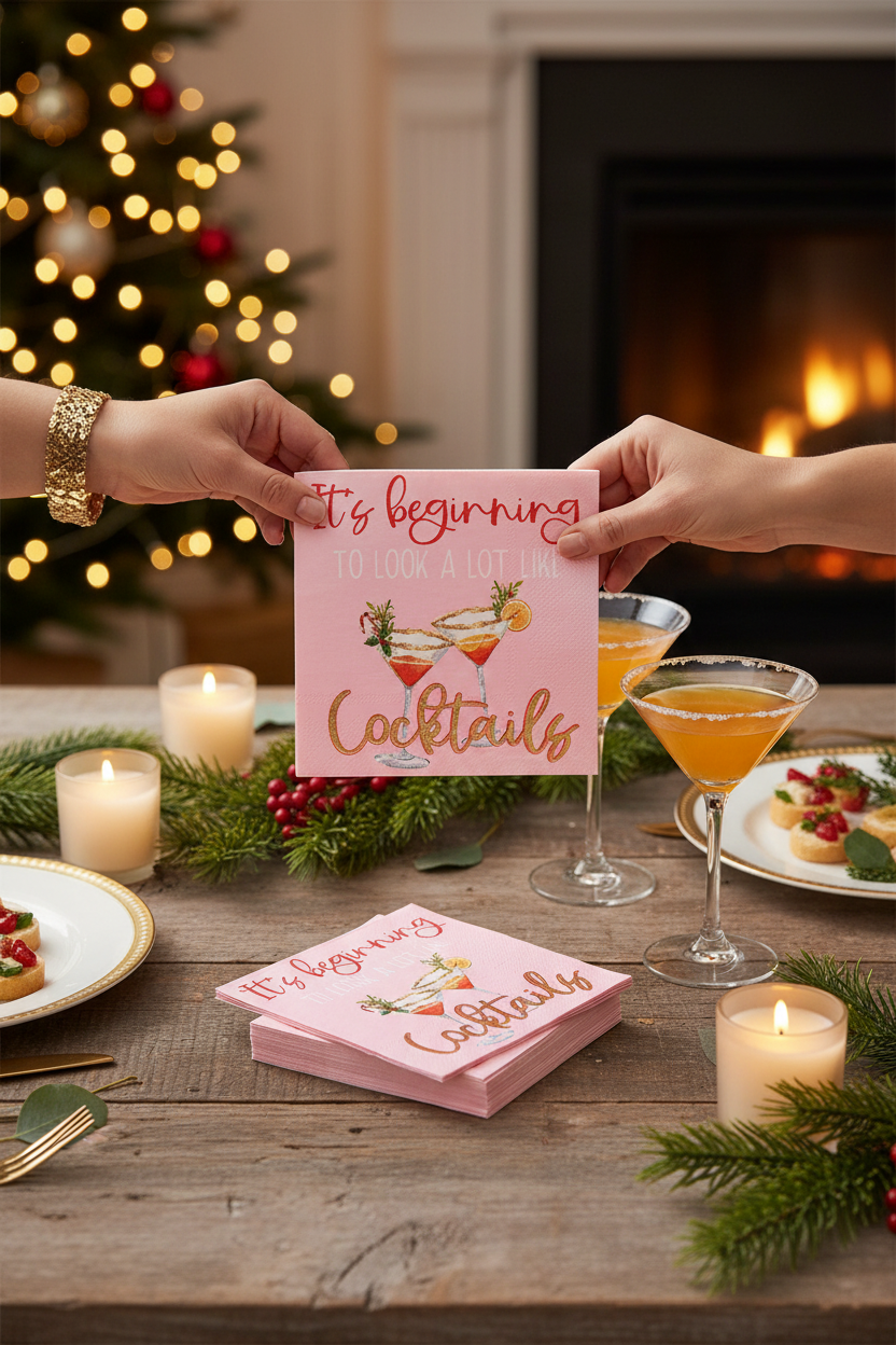 Sophistiplate It's Beginning to Look a Lot Like Cocktails napkins on a festive party table, perfect for holiday parties, happy hours and hosting