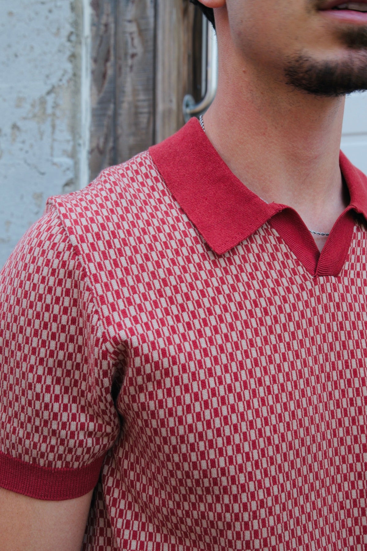 Liverpool Johnny collar sweater polo in Rust Tan, a refined knit polo for date nights, dinners out, the office and cool evenings