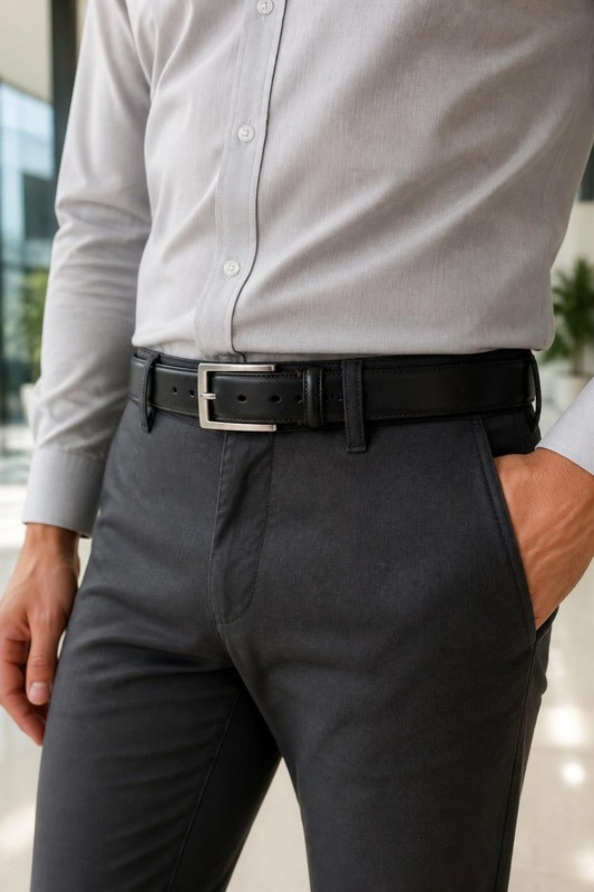 Johnston & Murphy leather belt in Black worn with charcoal chinos and a grey dress shirt, a classic black leather belt for the office, meetings and everyday dress-casual outfits