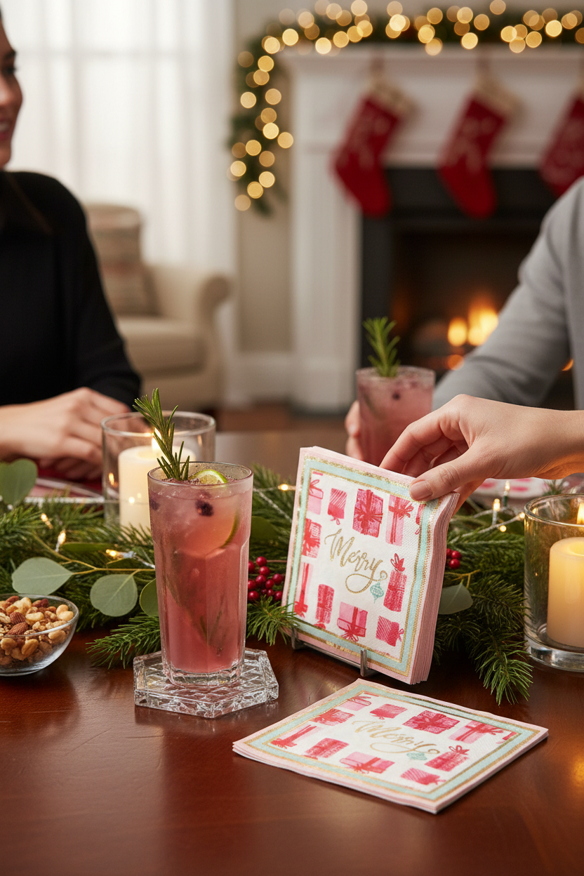 Sophistiplate Jolly Holiday Cocktail Napkins on a festive party table with cocktails, perfect for holiday parties, happy hours and hosting