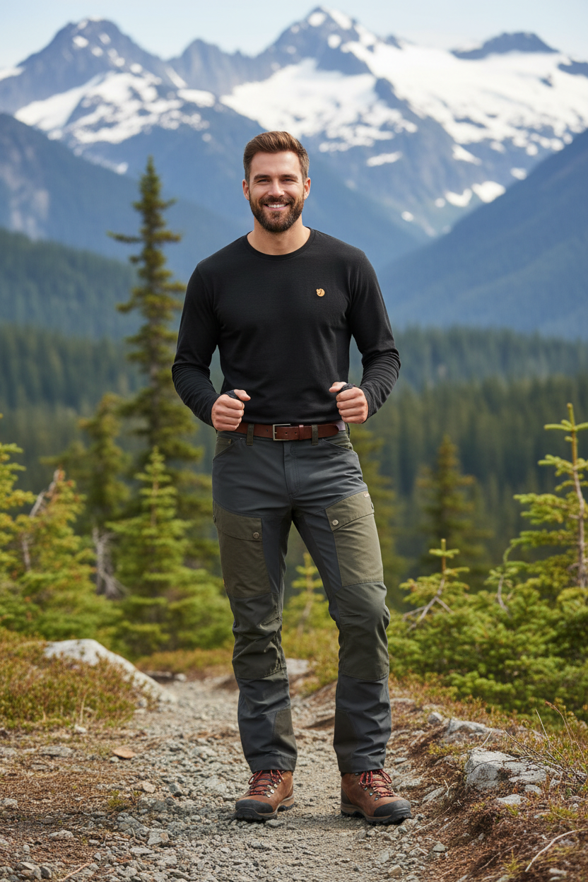 Man wearing the Fjällräven Keb Trousers in Dark Olive/Grey with the Fjällräven Bergtagen Merino L/S Shirt in Black on a Pacific Northwest trail, a durable outfit for hiking, trekking and trail days in the mountains