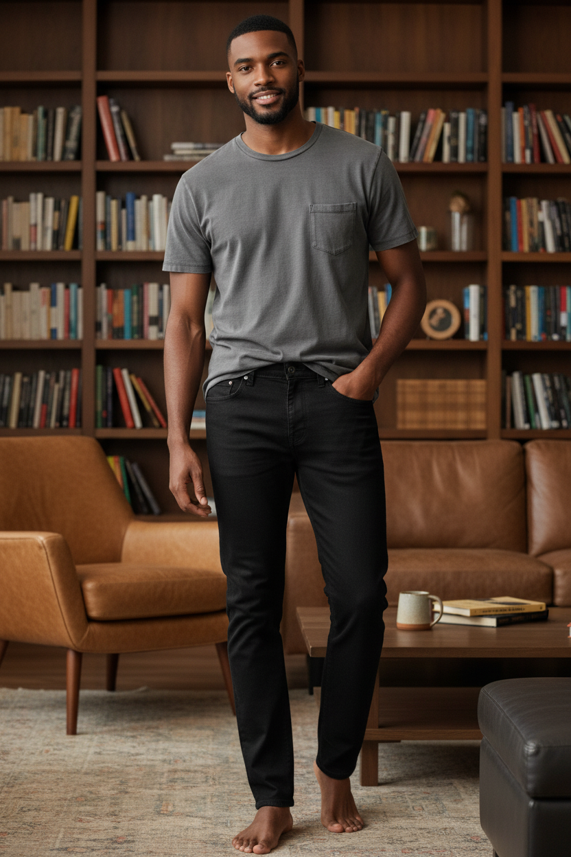 Man wearing the Liverpool Kingston Modern Straight in Black with the DUER PurePima Cotton Tee in Washed Grey at home, an easy outfit for relaxed days at home, hosting friends and easy weekends