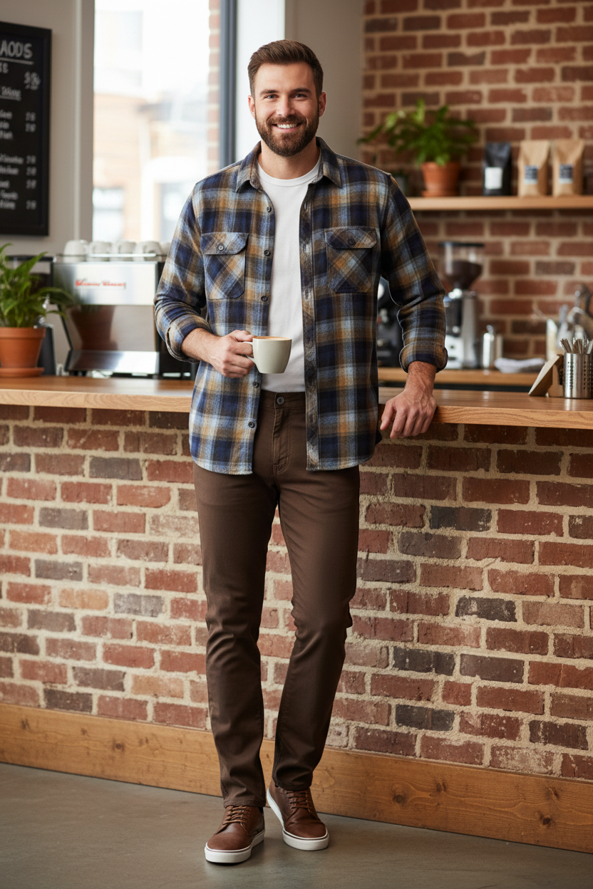 Man wearing the Liverpool Kingston Modern Straight in Chocolate with the True Grit Cabin L/S 2-Pocket Shirt in Blue at a cozy coffee shop, an easy outfit for dinners out, coffee dates and relaxed weekends