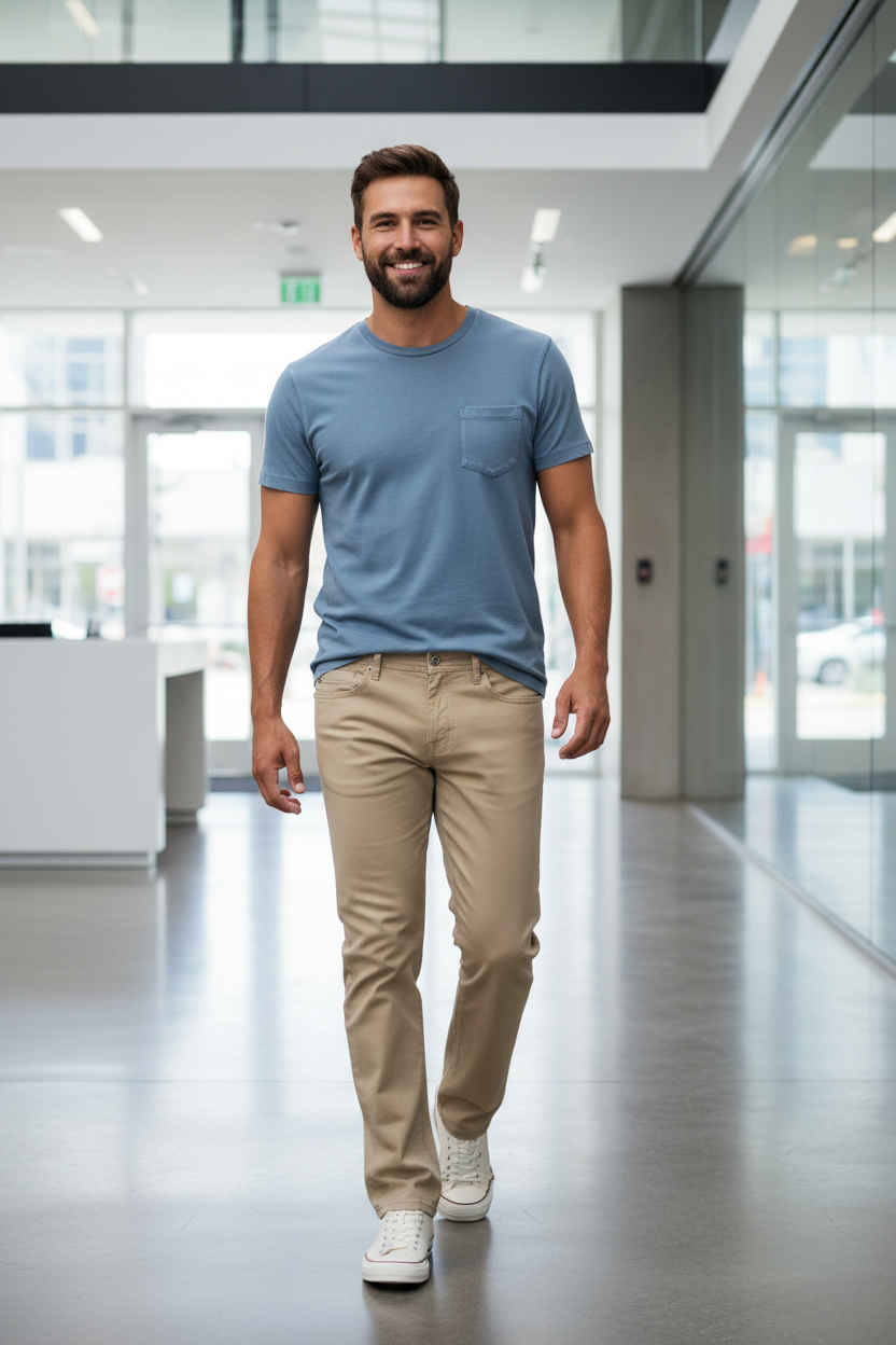 Man wearing the Liverpool Kingston Modern Straight Jeans in Khaki with the DUER PurePima Pocket Tee in Stone Blue in a modern office, an easy outfit for the office, casual Fridays and business-casual days