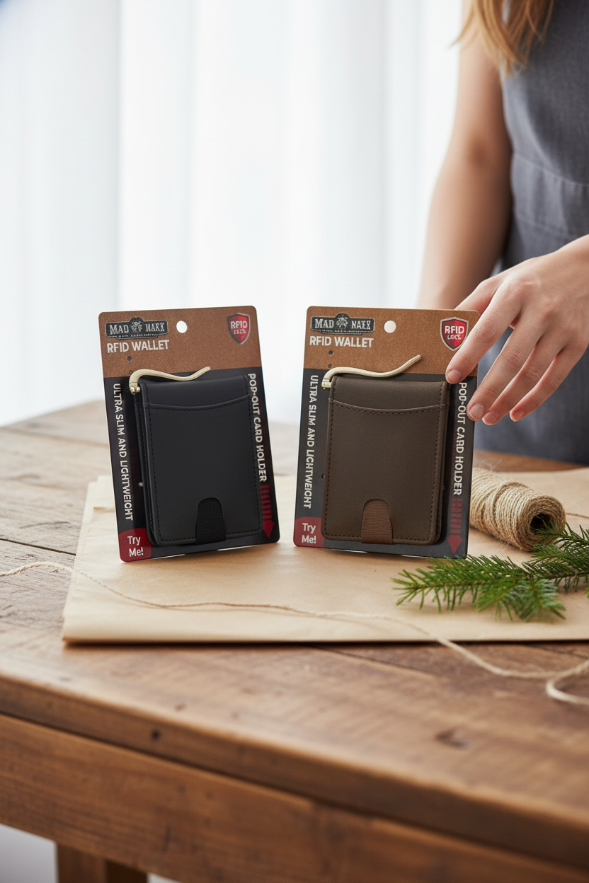 Mad Maxx Leather RFID Wallets gift-ready on a rustic wood table with kraft paper and evergreen, genuine leather wallets with RFID protection for everyday carry, travel and holiday gifting