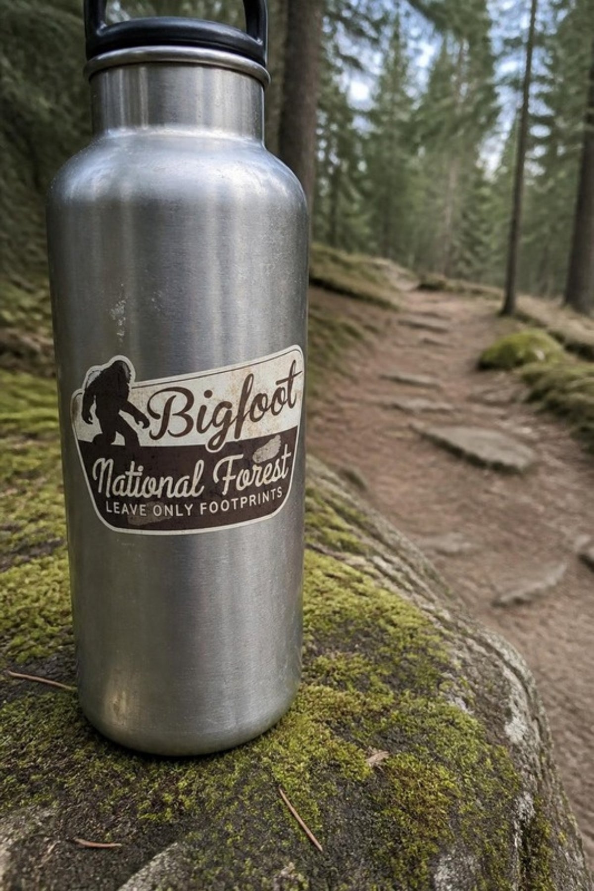 Paradise Cay Publications Leave Only Footprints Bigfoot National Forest sticker on a water bottle on a forest trail, a vinyl sticker for water bottles, laptops, coolers and truck windows