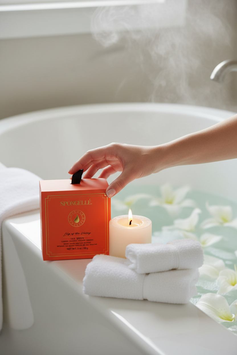 Spongellé Lily Of The Valley Boxed Flower by a bathtub with candles and towels, perfect for relaxing bath time, self-care and stocking stuffers