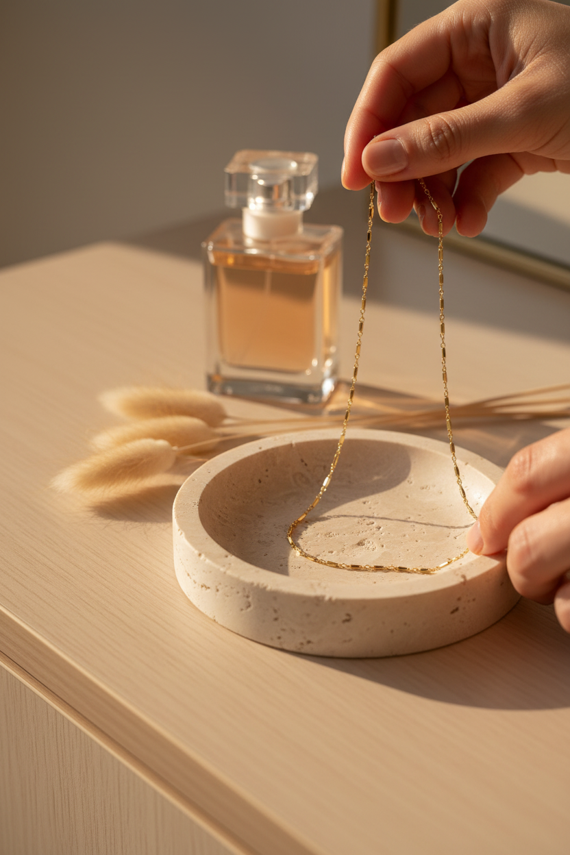 Miranda Frye Lindsey Chain draped on a travertine jewelry dish, perfect for layering, everyday wear and gifting