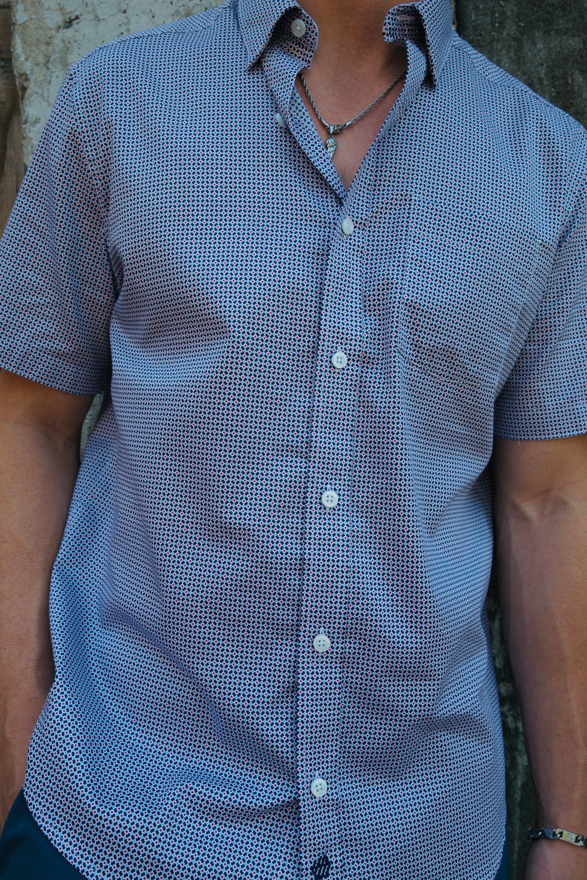 Johnston & Murphy Logan Printed S/S Shirt-Mini Floral in Navy/Red Mini Floral, a breezy short sleeve shirt for vacations, summer weddings, patio dinners and warm weekends