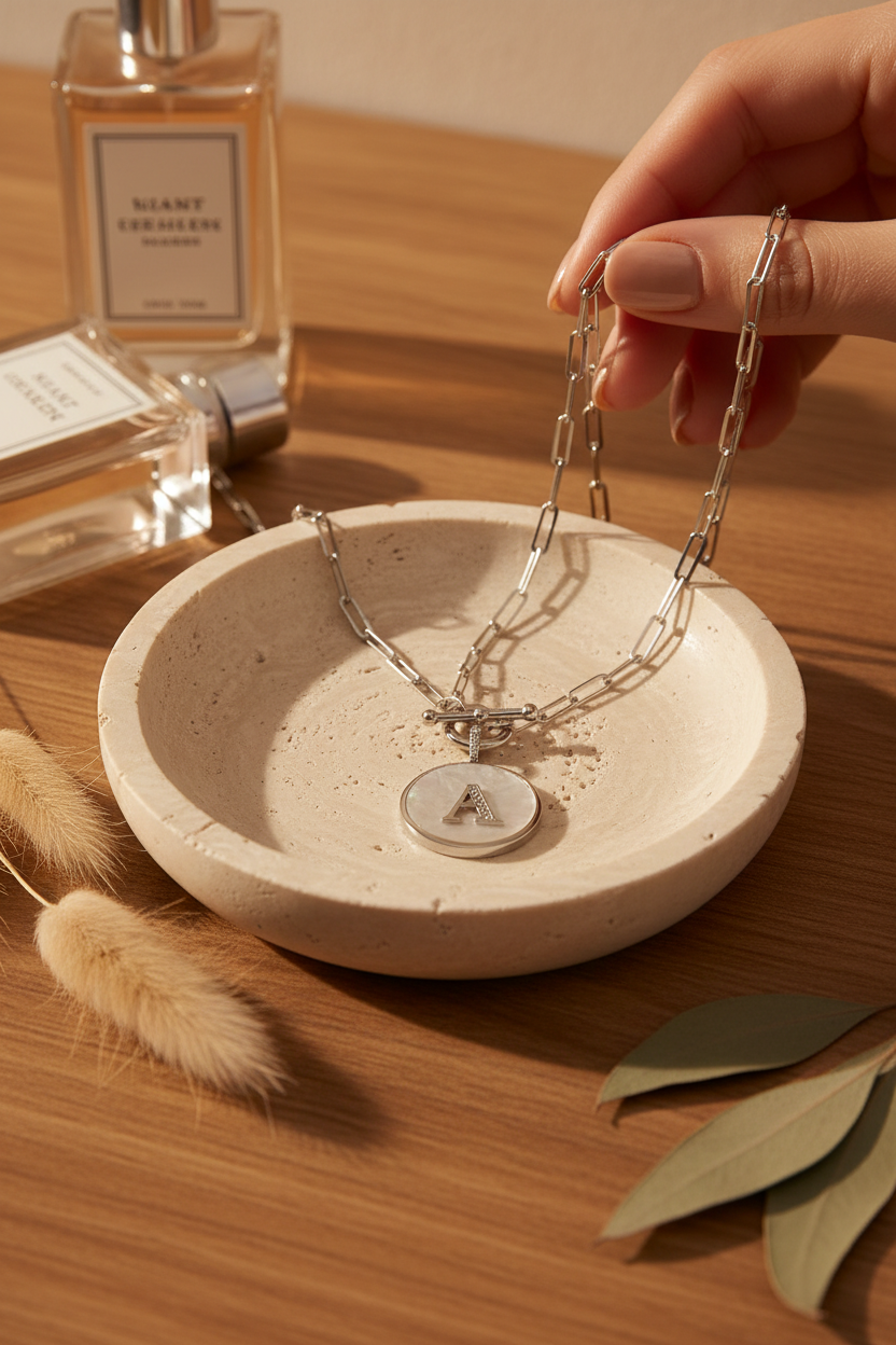 Melinda Maria Love Letters Medallion Necklace with initial A in Silver on a travertine jewelry dish, a personalized piece perfect for layering, everyday wear and gifting