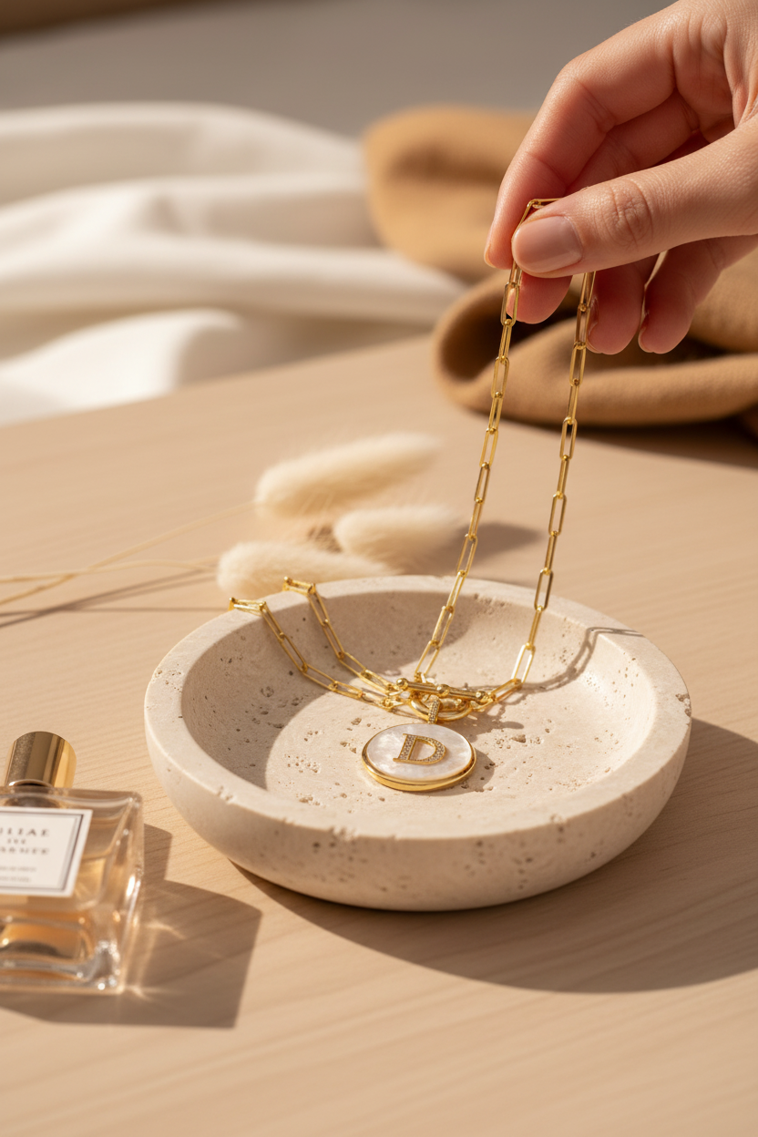 Melinda Maria Love Letters Medallion Necklace with initial D in Gold on a travertine jewelry dish, a personalized piece perfect for layering, everyday wear and gifting