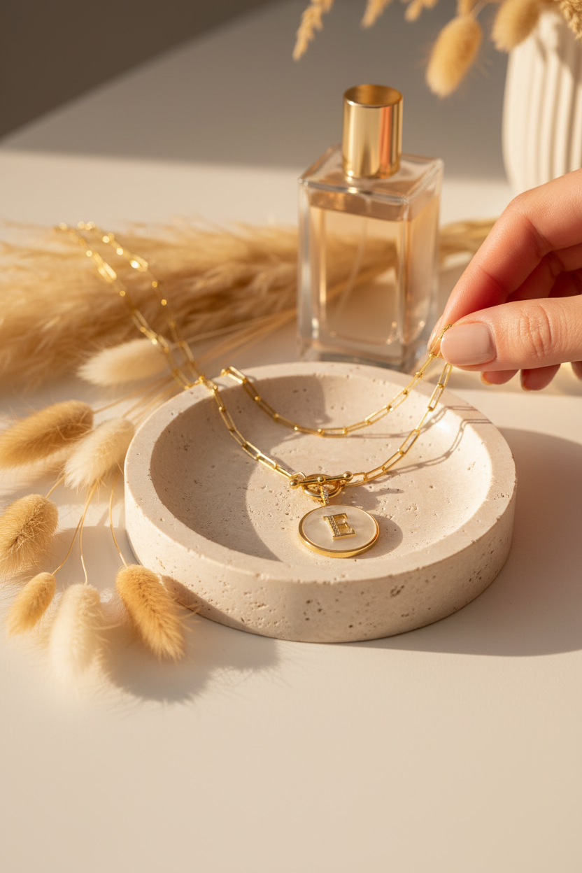 Melinda Maria Love Letters Medallion Necklace with initial E in Gold on a travertine jewelry dish, a personalized piece perfect for layering, everyday wear and gifting