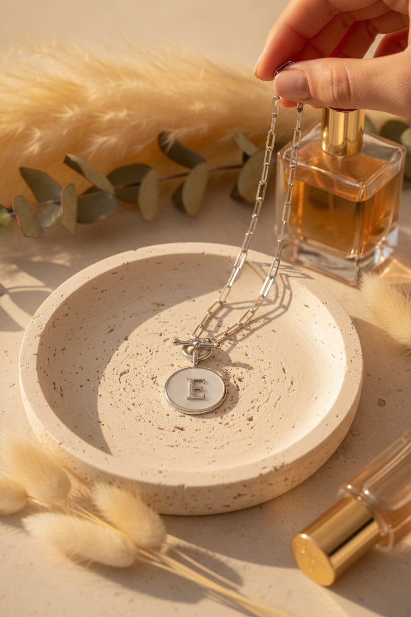 Melinda Maria Love Letters Medallion Necklace with initial E in Silver on a travertine jewelry dish, a personalized piece perfect for layering, everyday wear and gifting