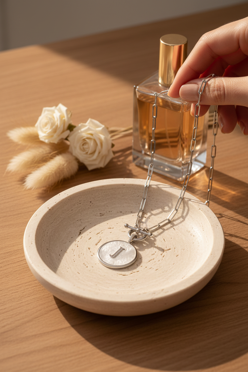 Melinda Maria Love Letters Medallion Necklace with initial J in Silver on a travertine jewelry dish, a personalized piece perfect for layering, everyday wear and gifting