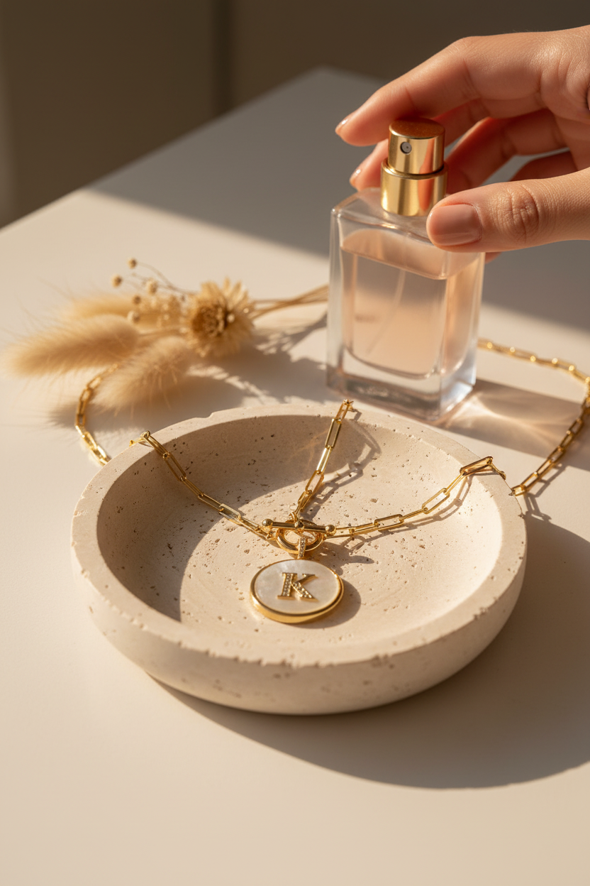 Melinda Maria Love Letters Medallion Necklace with initial K in Gold on a travertine jewelry dish, a personalized piece perfect for layering, everyday wear and gifting