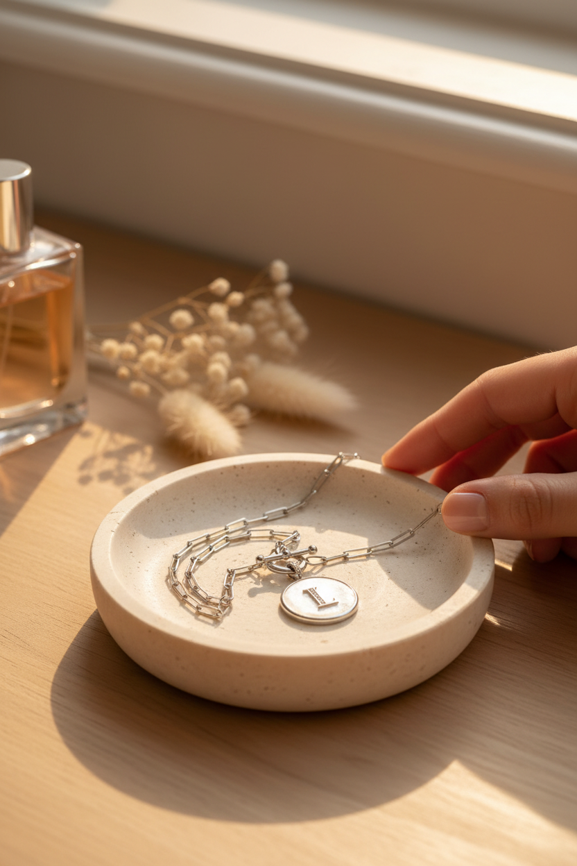 Melinda Maria Love Letters Medallion Necklace with initial L in Silver on a travertine jewelry dish, a personalized piece perfect for layering, everyday wear and gifting