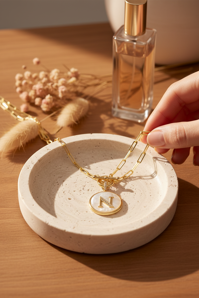 Melinda Maria Love Letters Medallion Necklace with initial N in Gold on a travertine jewelry dish, a personalized piece perfect for layering, everyday wear and gifting