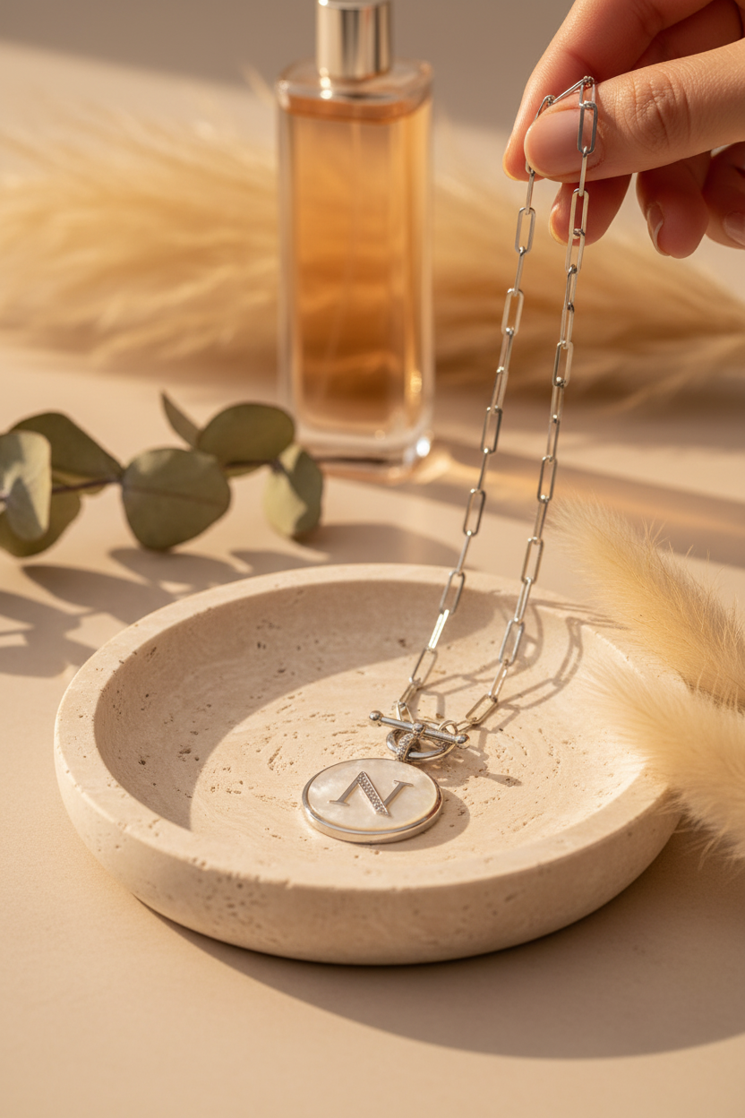 Melinda Maria Love Letters Medallion Necklace with initial N in Silver on a travertine jewelry dish, a personalized piece perfect for layering, everyday wear and gifting