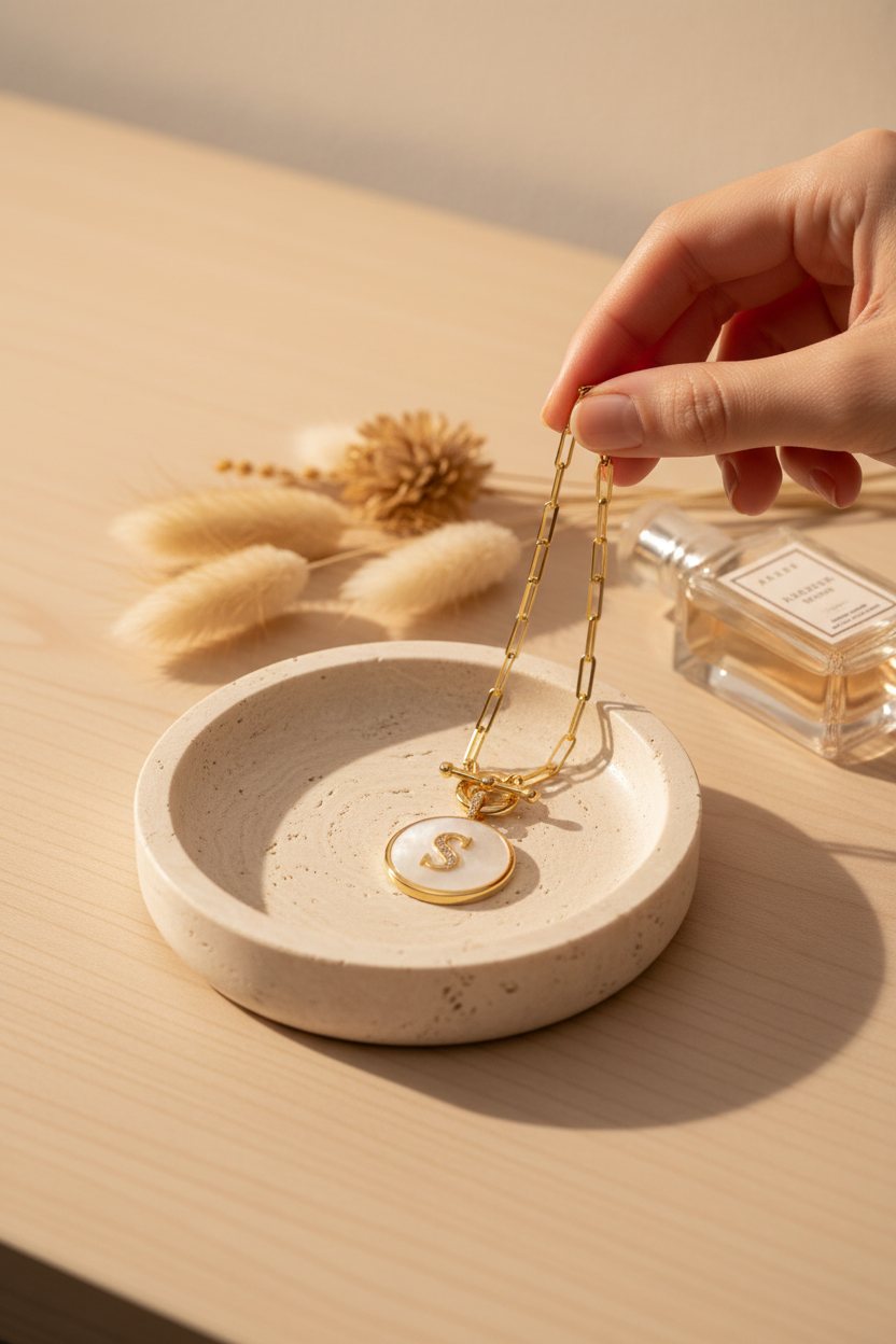 Melinda Maria Love Letters Medallion Necklace with initial S in Gold on a travertine jewelry dish, a personalized piece perfect for layering, everyday wear and gifting
