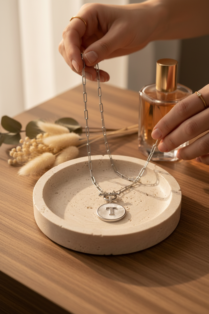Melinda Maria Love Letters Medallion Necklace with initial T in Silver on a travertine jewelry dish, a personalized piece perfect for layering, everyday wear and gifting
