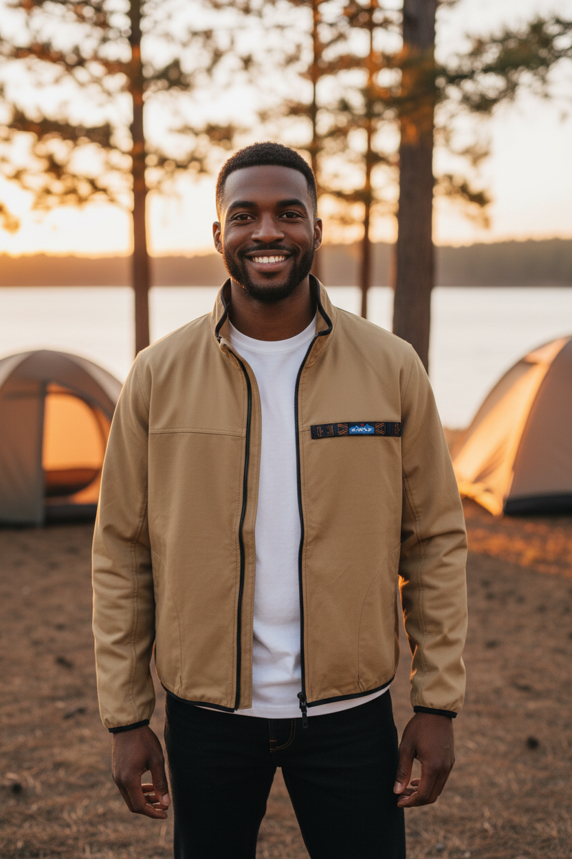 KAVU L/S FZ Throwshirt in heritage khaki at a lakeside campsite, a rugged canvas layer for camping, bonfires and cool evenings outdoors.