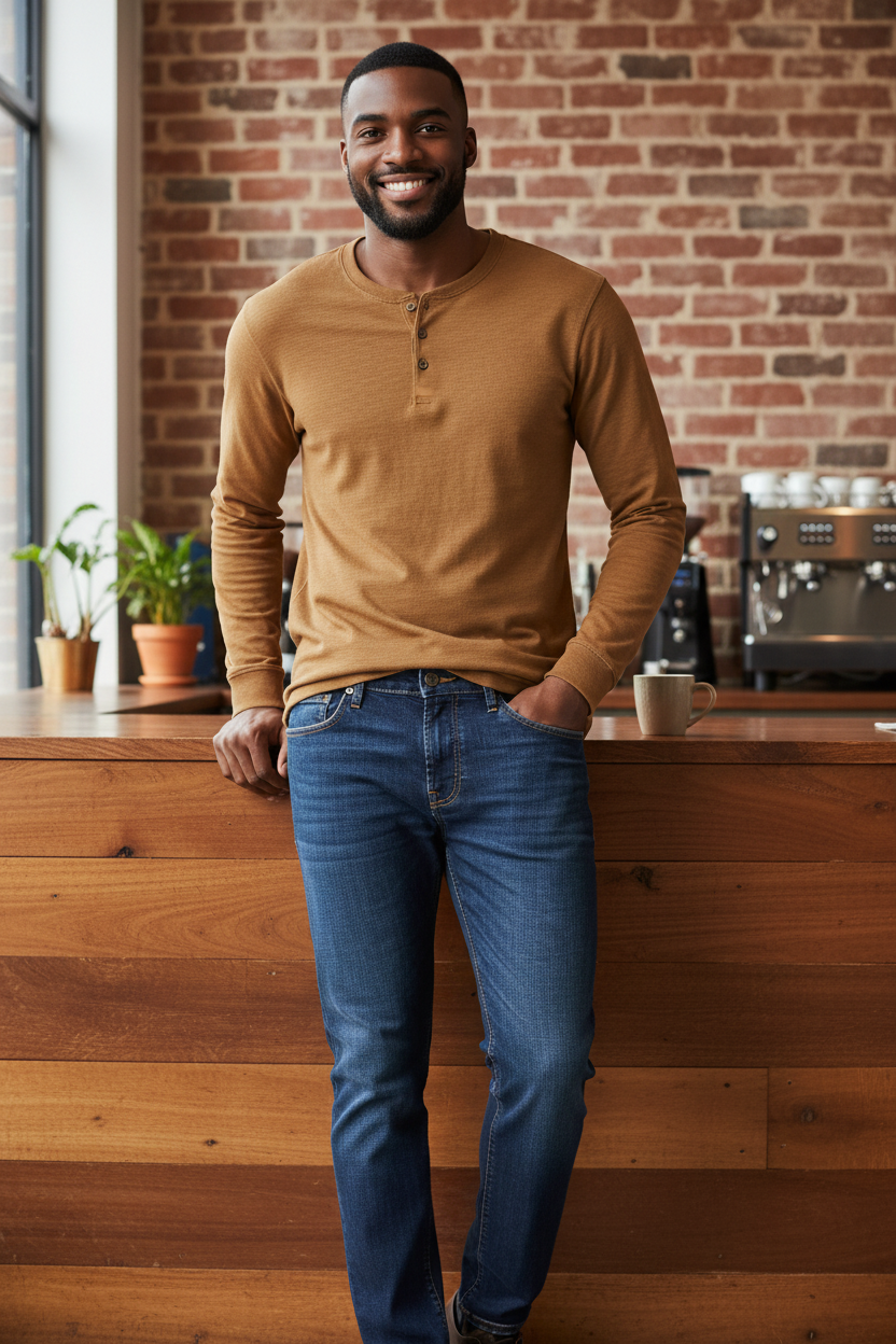 Man wearing the Mavi Marcus Slim Straight Jean in Deep Organic Move with the DUER Slub Jersey Henley in Caramel at a cozy restaurant, an easy outfit for dinners out, coffee dates and relaxed weekends