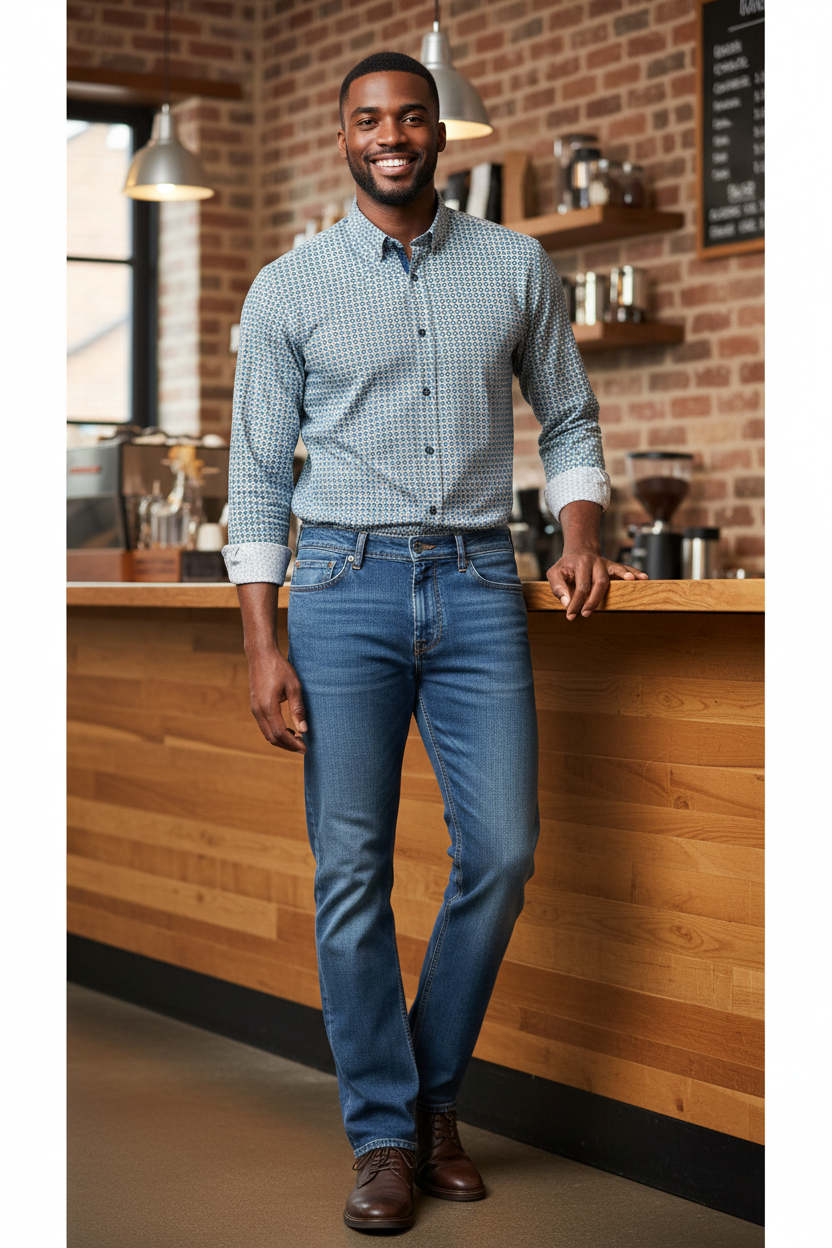 Man wearing the Mavi Marcus Slim Straight Jean in Mid Foggy Feather Blue with the Johnston & Murphy Printed Cotton Shirt in Blue/Brown at a cozy restaurant, an easy outfit for dinners out, coffee dates and relaxed weekends
