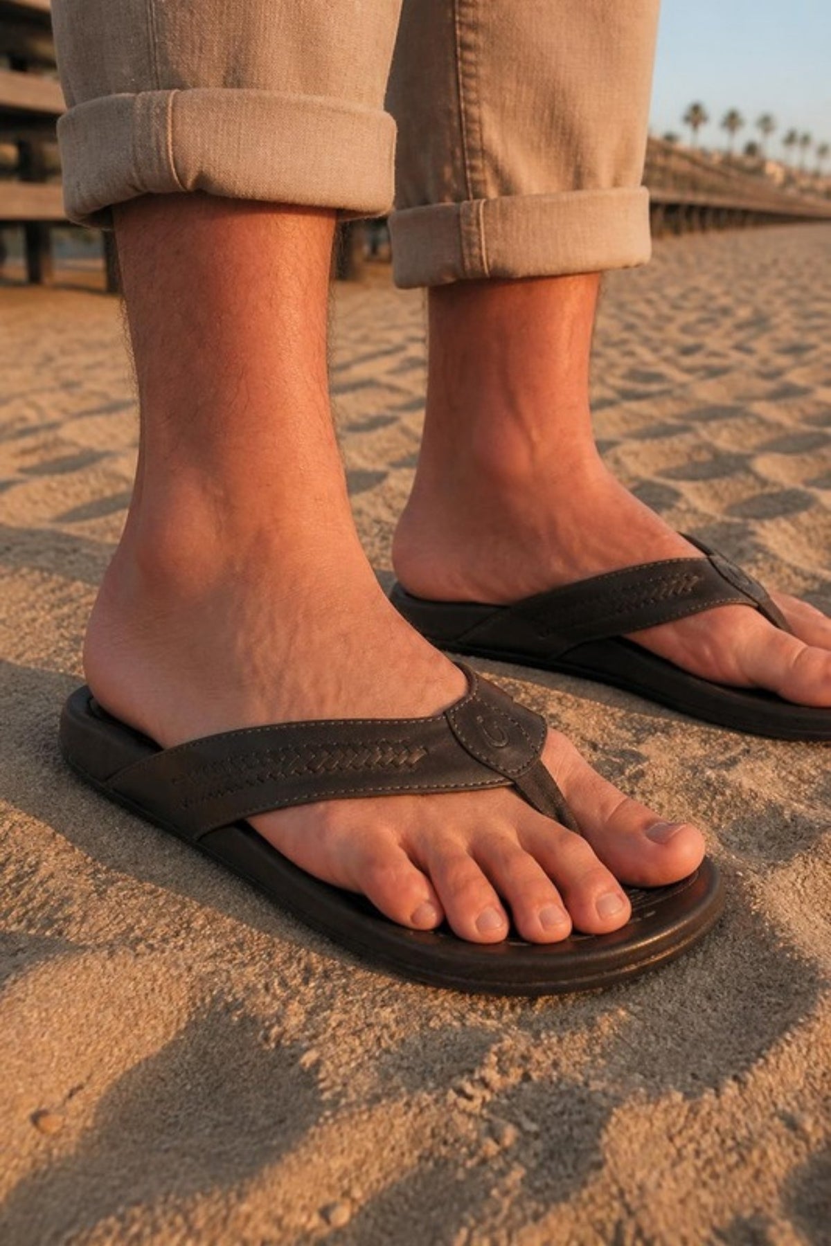 OluKai Mea Ola Mano leather sandal in Mustang/Tan with hand-woven lashing on the strap, worn on the beach at sunset with rolled linen pants, a handcrafted men's flip-flop with a cushioned footbed for beach vacations, boardwalk strolls and summer weekends