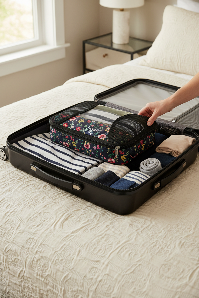 Baggallini Medium Compression Bag in Midnight Blossom Print packed in an open suitcase, perfect for organized travel, weekend trips and carry-on packing