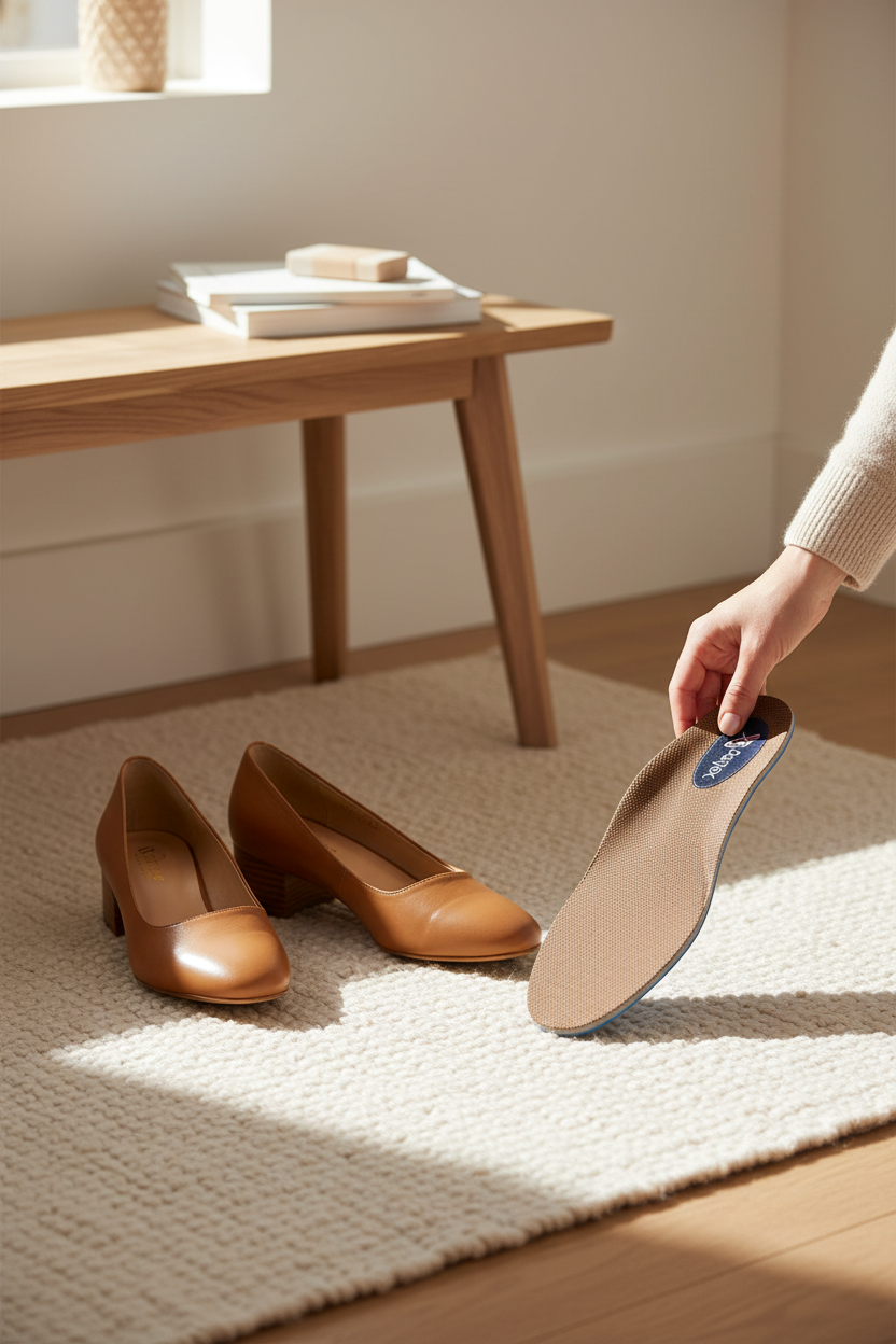 Aetrex Memory Foam Orthotics L2200 next to camel leather shoes by an entryway bench, perfect for all-day comfort in heels, flats, boots and sneakers