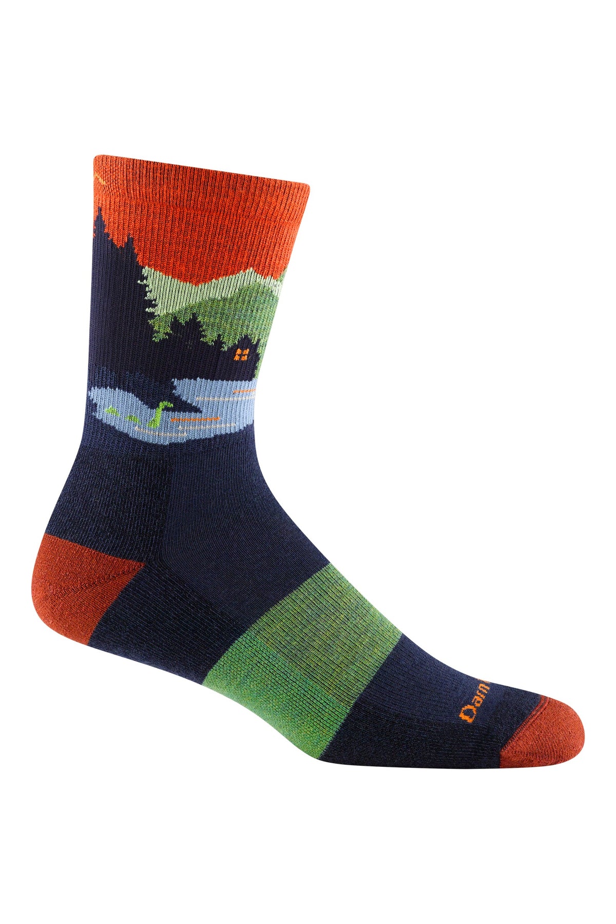 Darn Tough Men's Close Encounters Micro Crew Midweight Hiking Socks in Eclipse, a midweight cushioned merino hiking sock with a Bigfoot scene for hikes, camping and everyday wear with boots, a fun gift for outdoorsmen, guaranteed for life